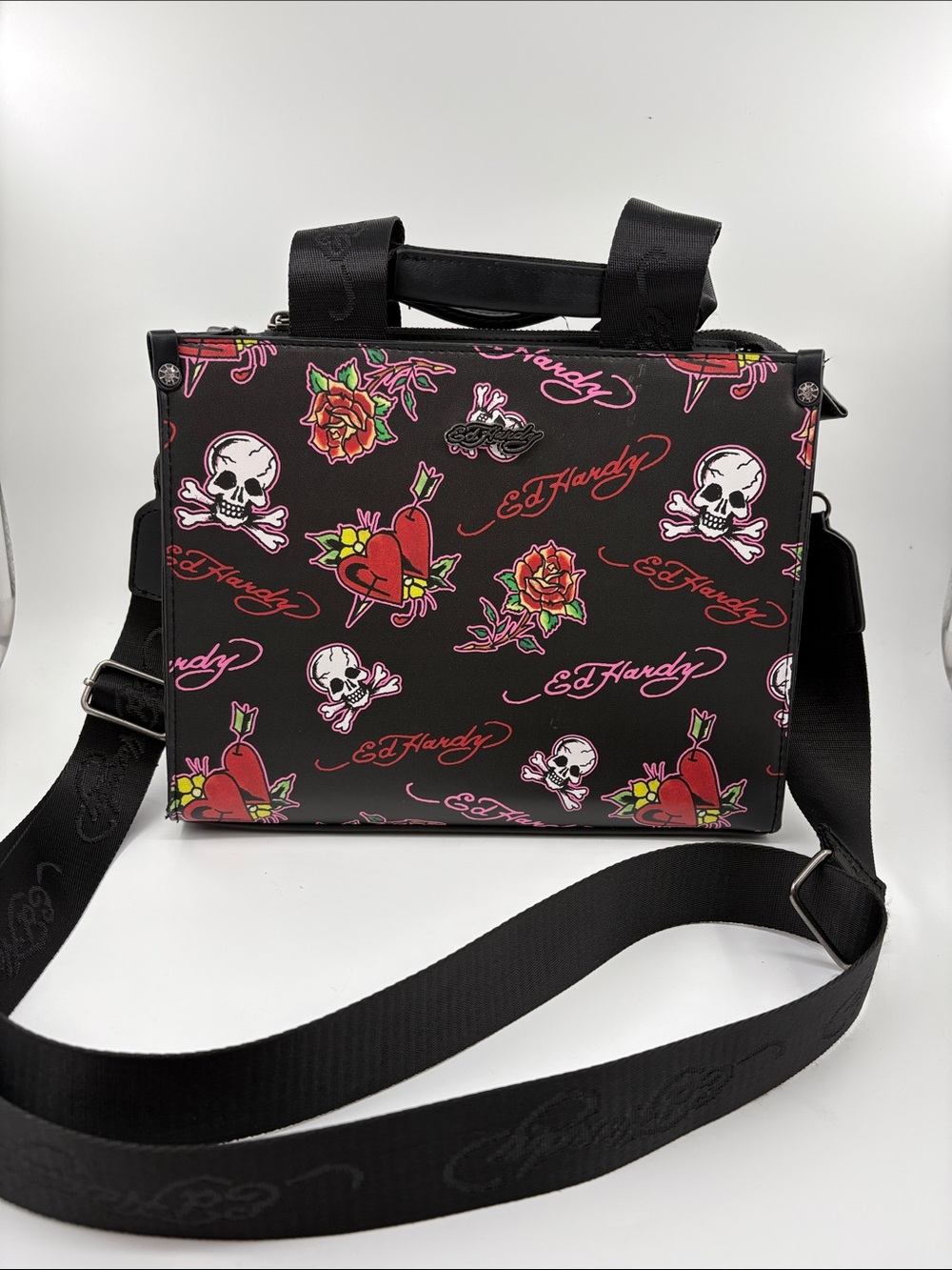 Ed Hardy Black Crossbody Bag with Pink, Red & Green Tattoo Print